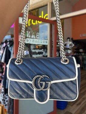 Navy Gucci Marmont Chain Shoulder Bag